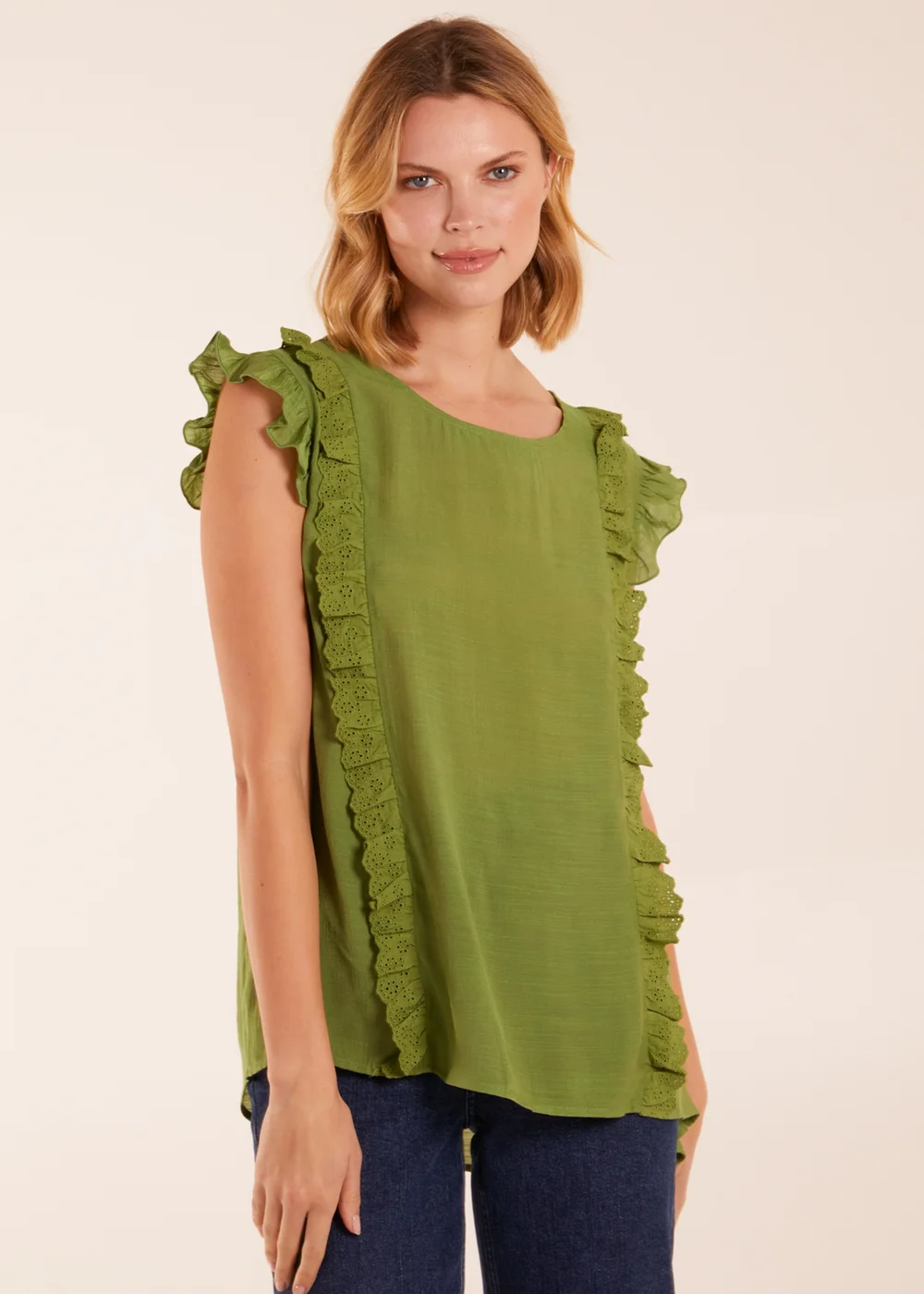Blue Vanilla Green Button Back Frill Top - S Image 1