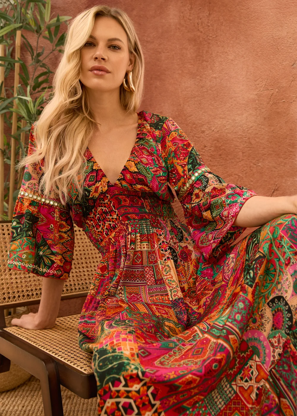 Blue Vanilla Orange Embellished Sleeve V Neck Maxi Dress - M Blue Vanilla Orange Embellished Sleeve V Neck Maxi Dress - M
