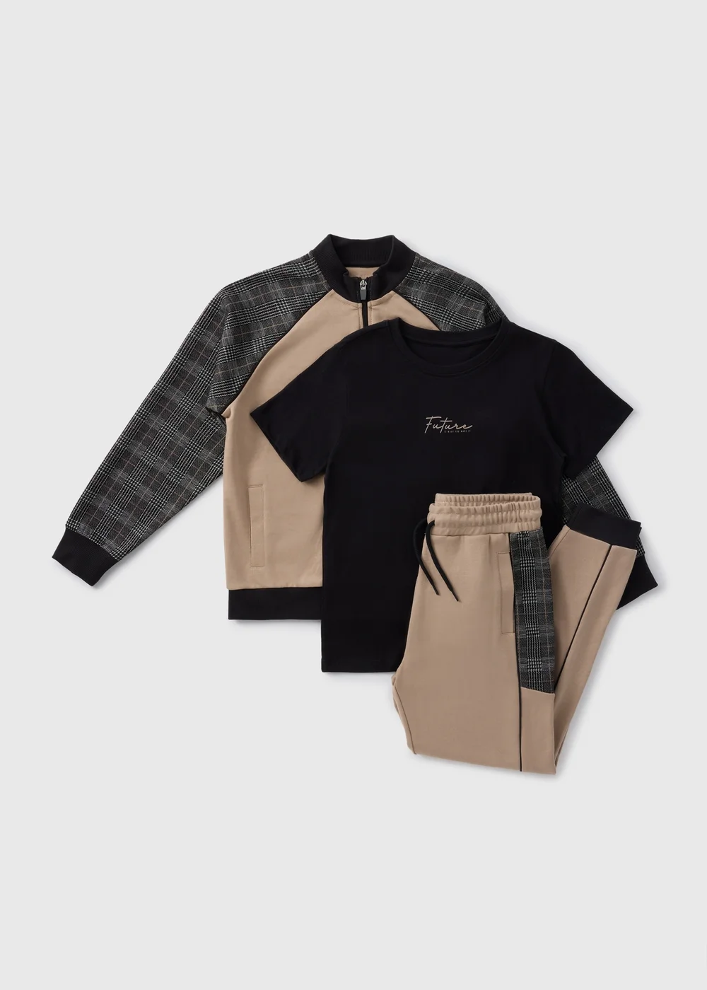 3 Piece Boys Stone Check Top & Jogging Bottom Set (7-15yrs) - Age 7 Years Image 1