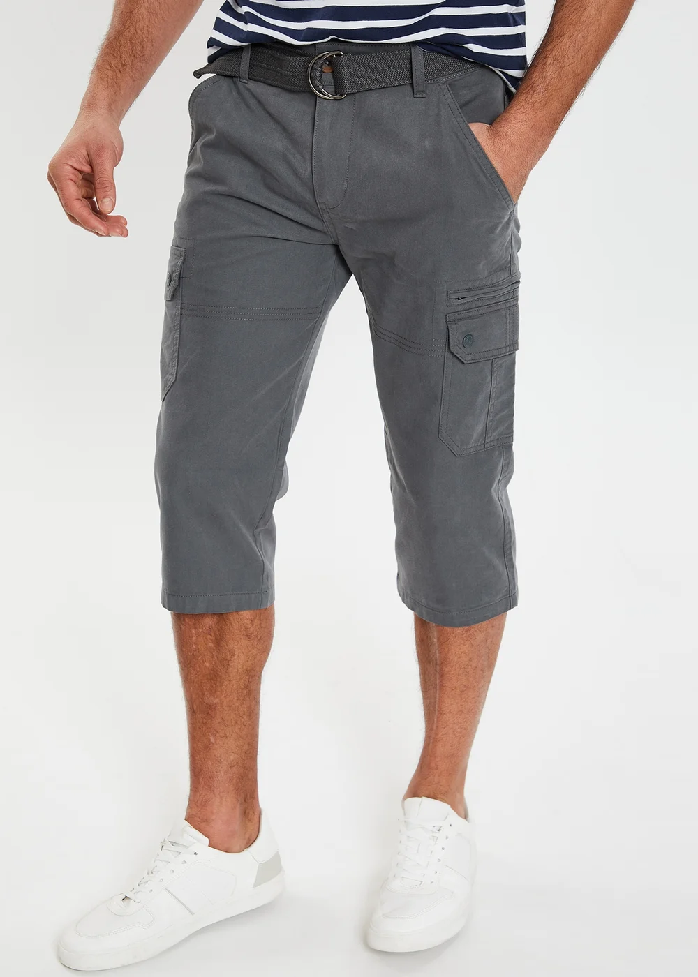 Threadbare Charcoal 3/4 Length Belted Cargo Trousers - 30/L32 Image 1