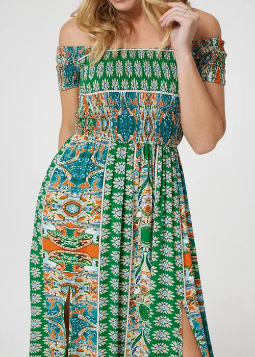 Izabel London Green Printed Bardot Smocked Maxi Dress - 8 Image 3