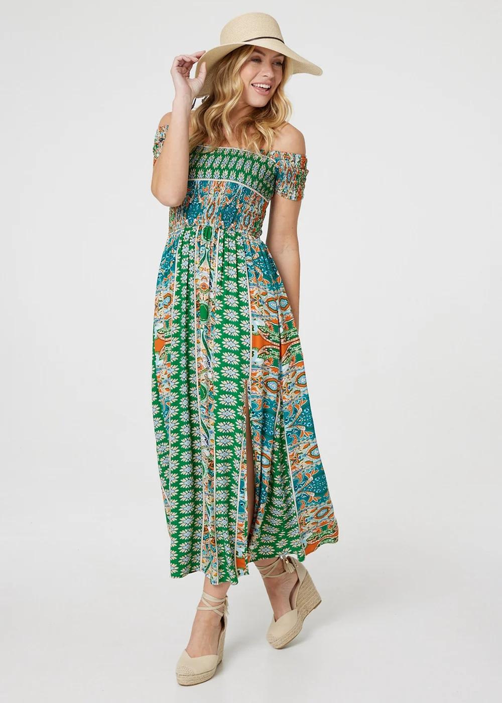 Izabel London Green Printed Bardot Smocked Maxi Dress - 8 Image 4