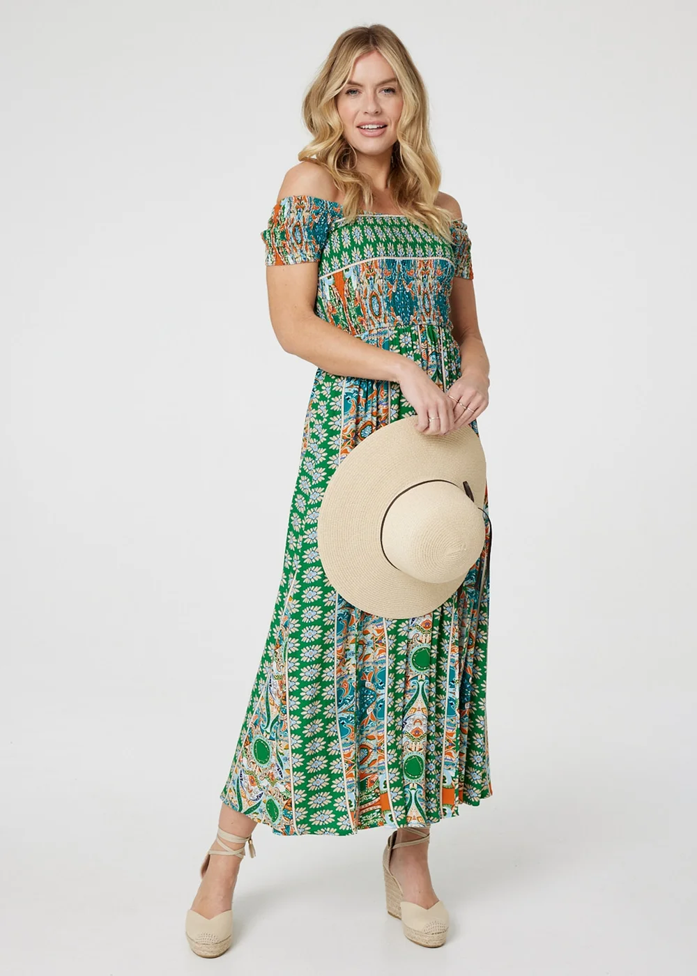 Izabel London Green Printed Bardot Smocked Maxi Dress - 8 Image 1