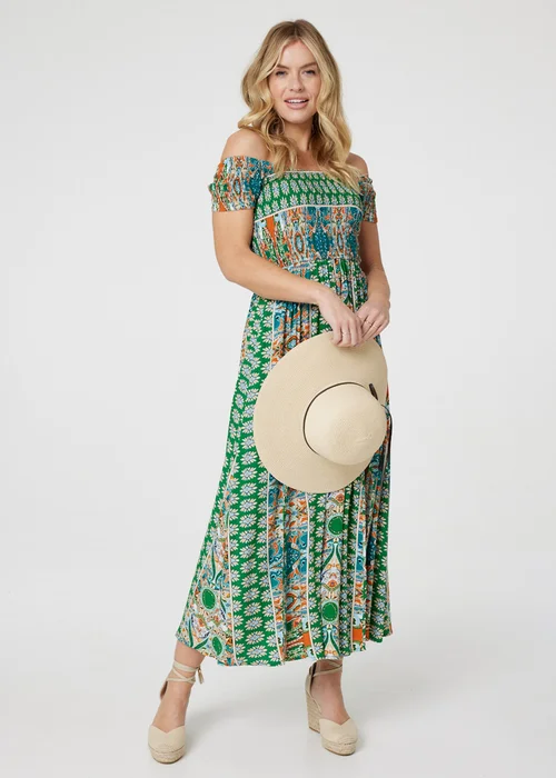 Izabel London Green Printed Bardot Smocked Maxi Dress - 8 Image 1