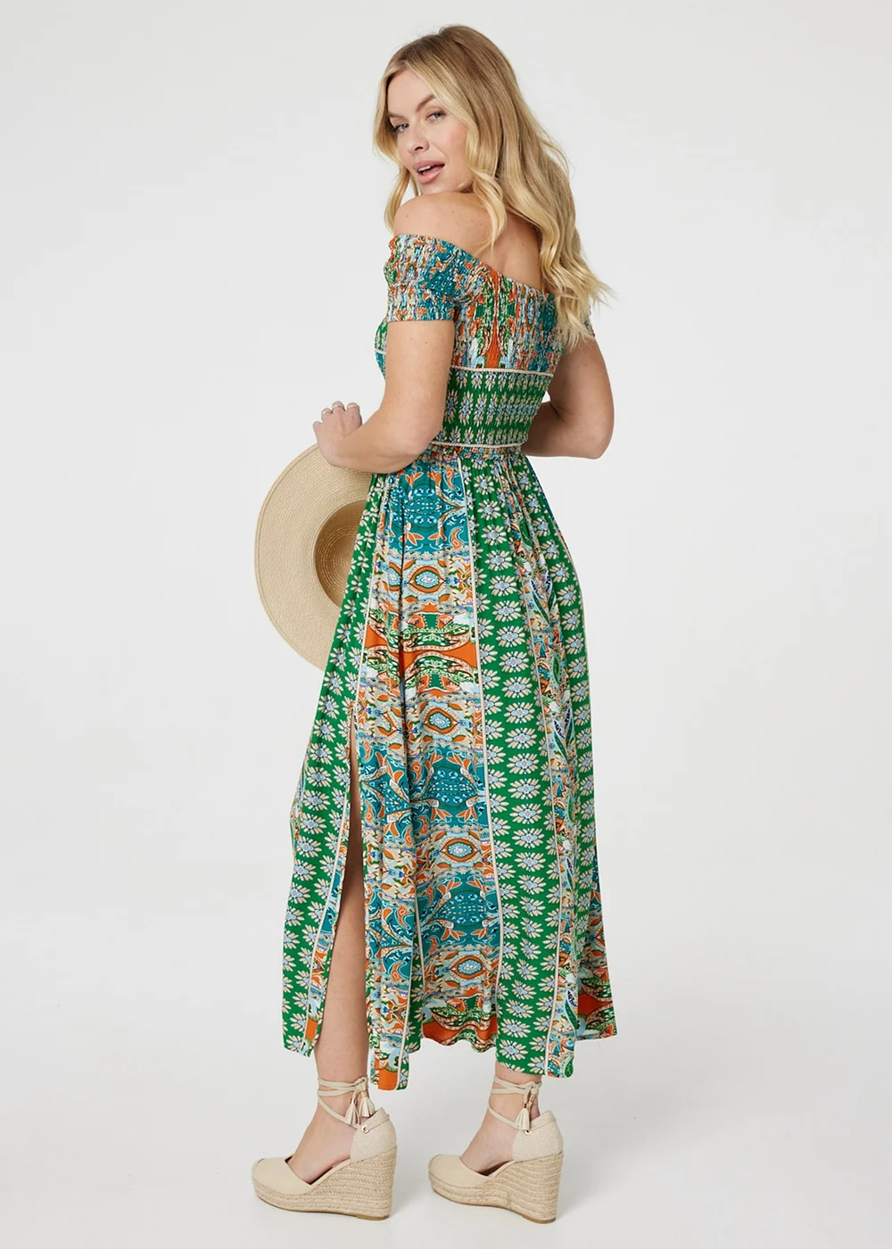 Izabel London Green Printed Bardot Smocked Maxi Dress - 8 Image 2
