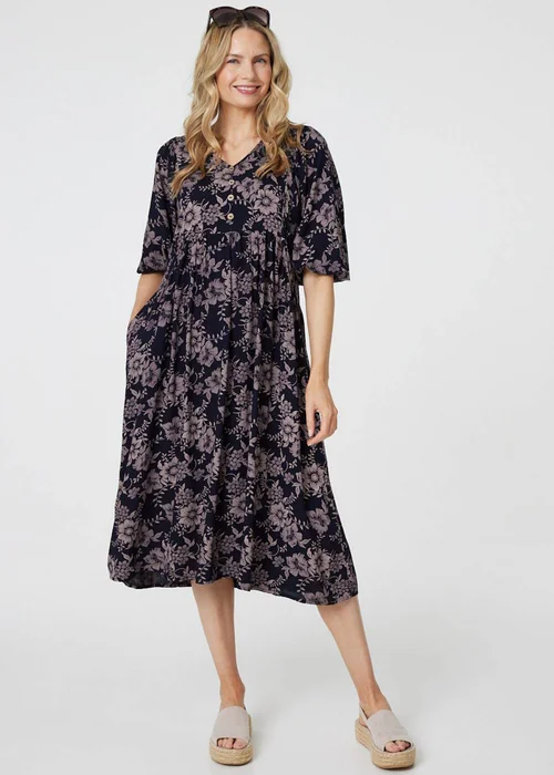 Izabel London Navy Printed 3/4 Sleeve Shirred Midi Dress - 8 Image 4