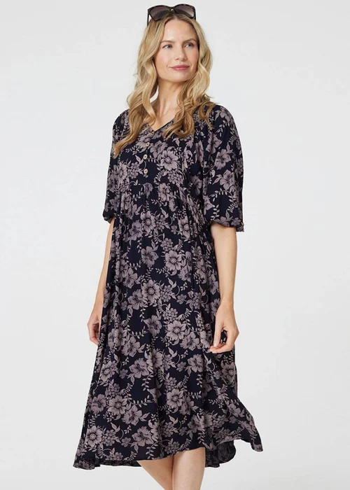 Izabel London Navy Printed 3/4 Sleeve Shirred Midi Dress - 8 Image 1