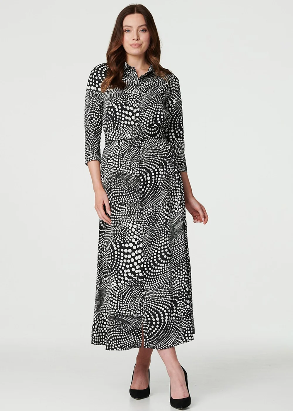 Izabel London Black Dotty Print 3/4 Sleeve Shirt Dress - 8 Image 4