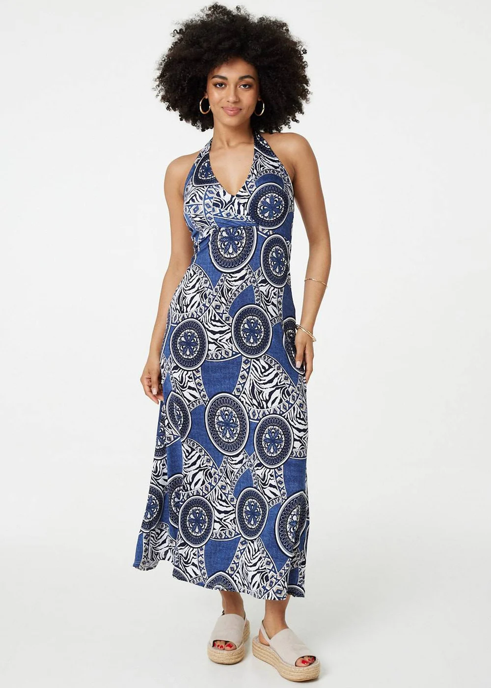 Izabel London Navy Mosaic Print Halter Neck Maxi Dress - 10 Image 1
