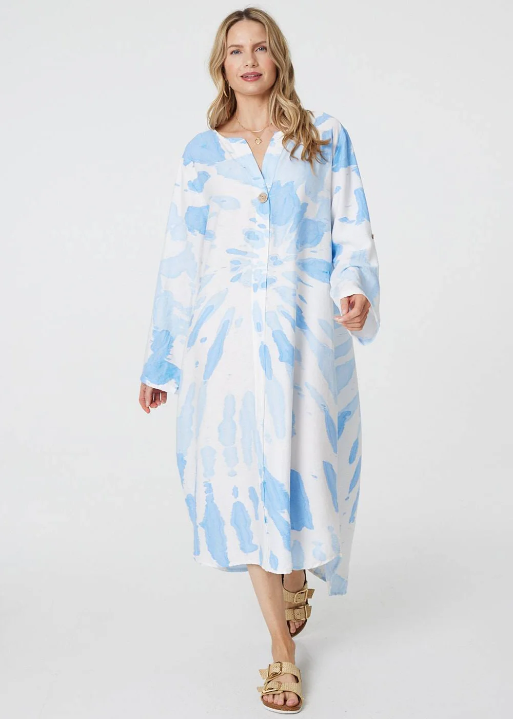 Izabel London Light Blue Tie Dye Long Sleeve Midi Tunic Dress - S/M | Matalan Izabel London Light Blue Tie Dye Long Sleeve Midi Tunic Dress - S/M | Matalan