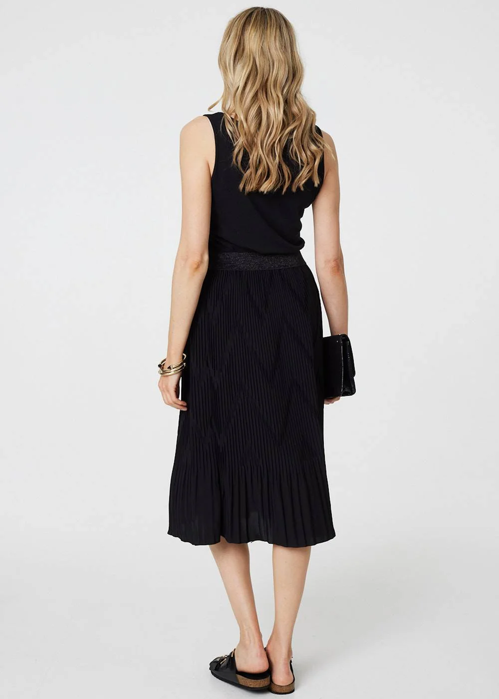 Izabel London Black Pleated High Waist A-Line Midi Skirt - Size 8 Image 2
