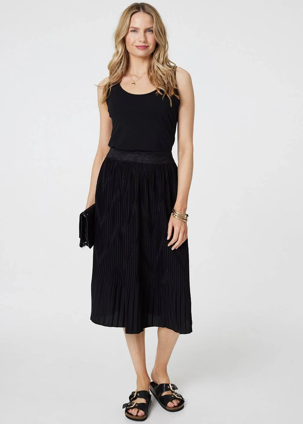 Izabel London Black Pleated High Waist A-Line Midi Skirt - Size 8 Image 1