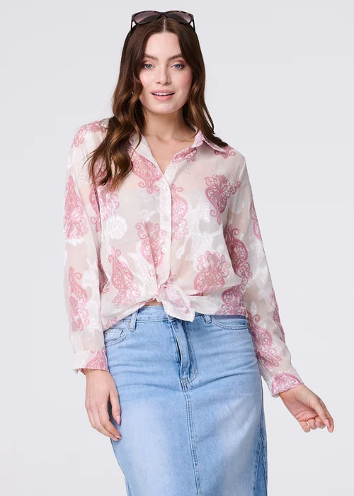 Izabel London Pink Printed Button Down Tie Front Shirt - 8 Image 1