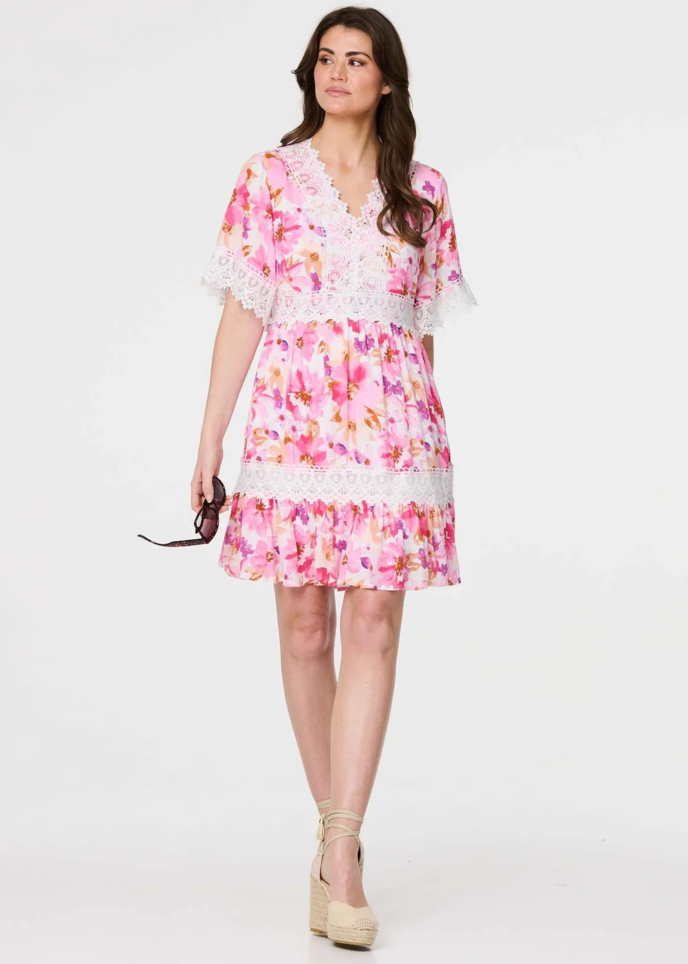 Izabel London Pink Floral Lace 1/2 Sleeve Short Dress - 8 Image 4
