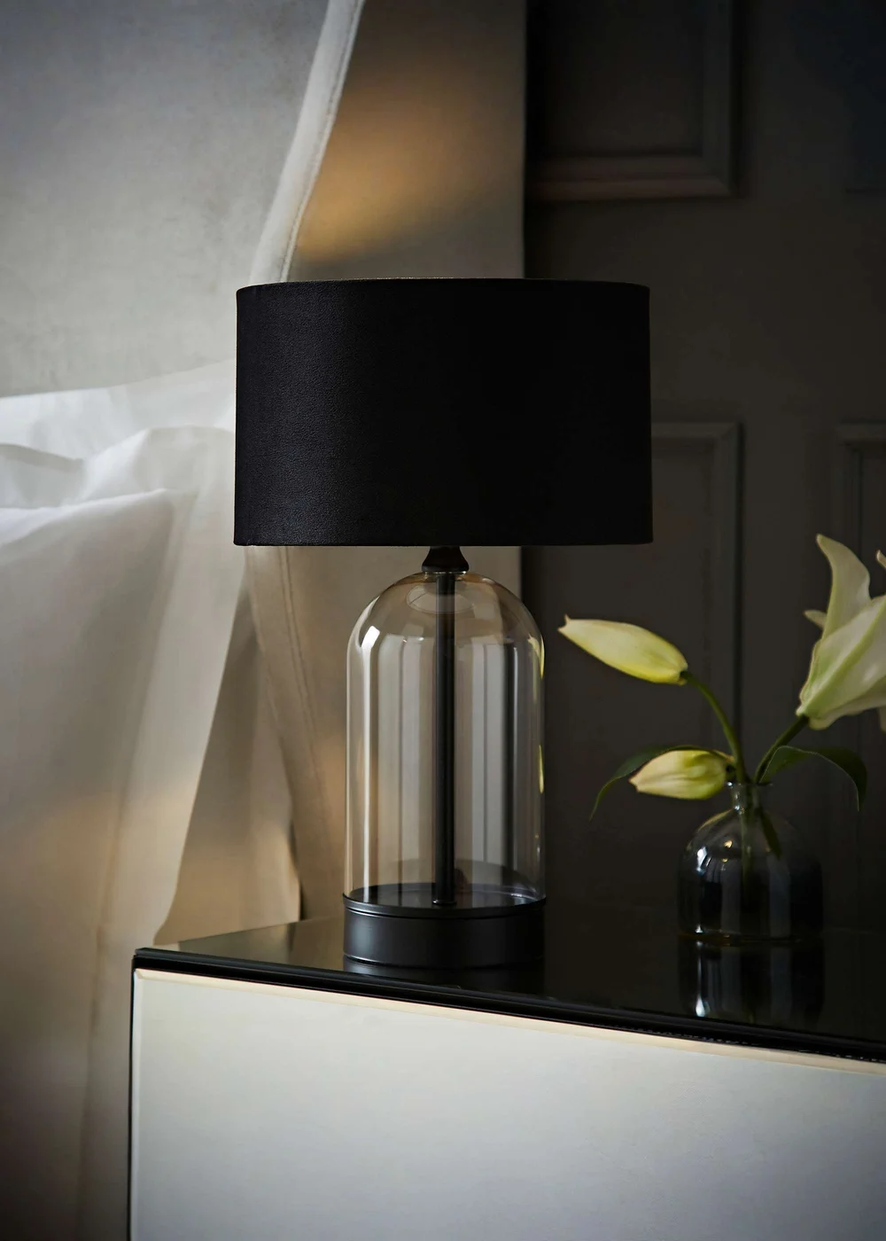 ValueLights Jessy Glass Table Lamp Black Velvet Shade (41cm x 25cm) - One Size Image 1