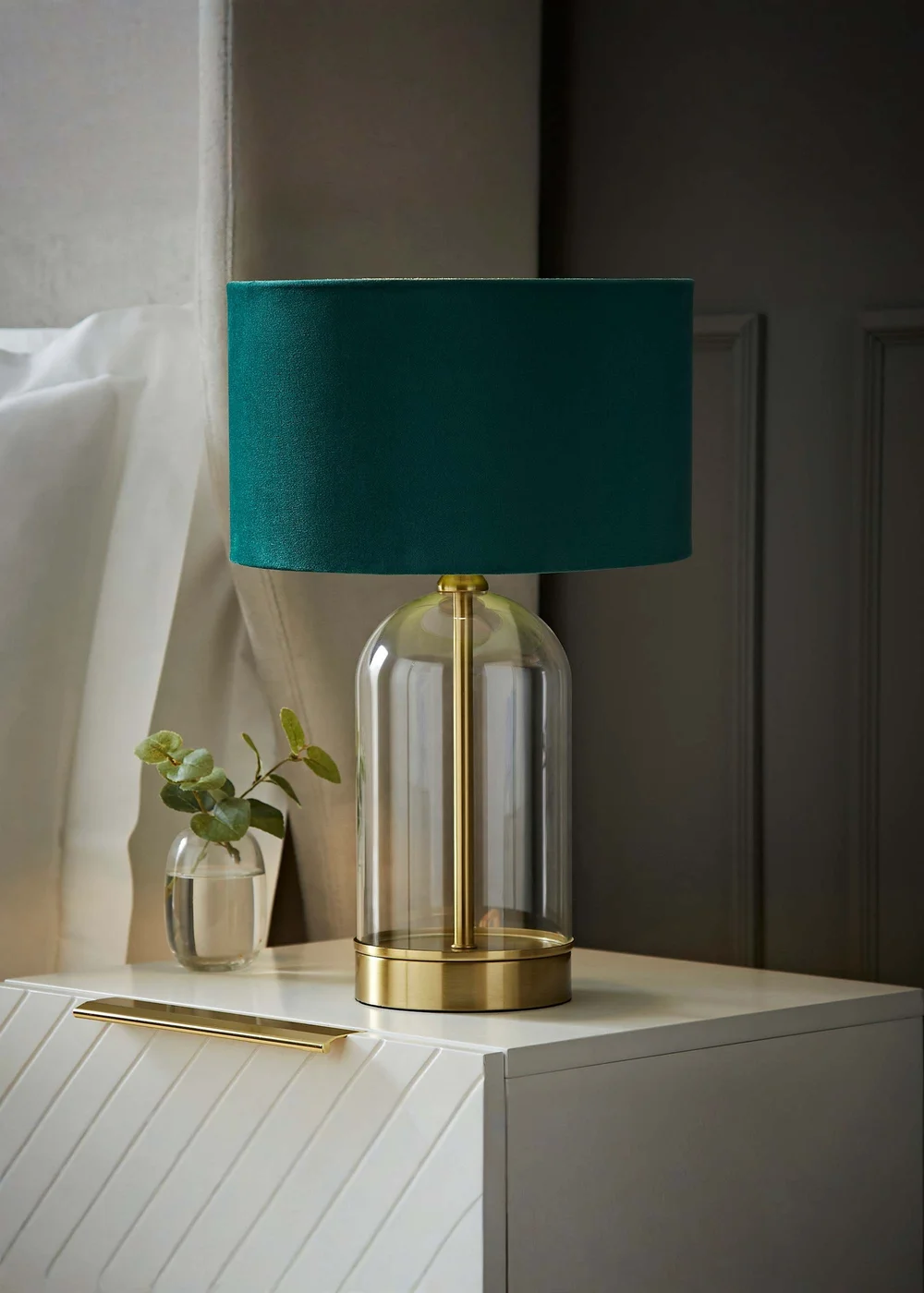 ValueLights Jessy Glass Table Lamp Forest Green Velvet Shade (41cm x 25cm) - One Size Image 1