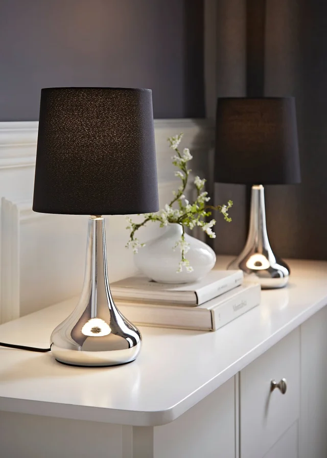 ValueLights Pair Of Chrome Teardrop Table Lamps Black Shades (33cm x 16cm x 16cm)