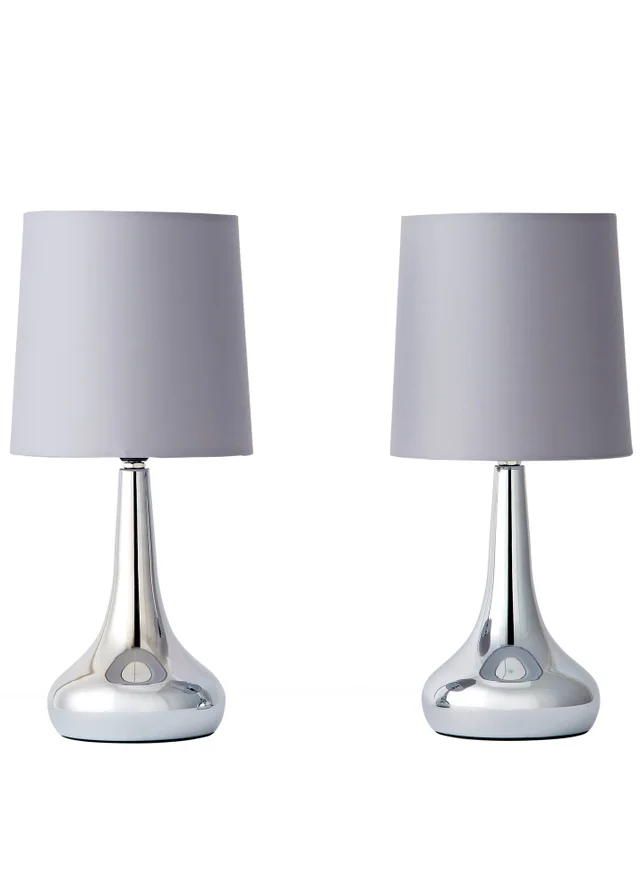 ValueLights Pair Of Chrome Teardrop Table Lamps Grey Shades (34cm x 16cm x 16cm)