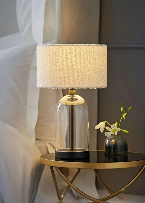 ValueLights Jessy Black Glass Table Lamp Cream Boucle Shade (41cm x 25cm) - One Size Image 1