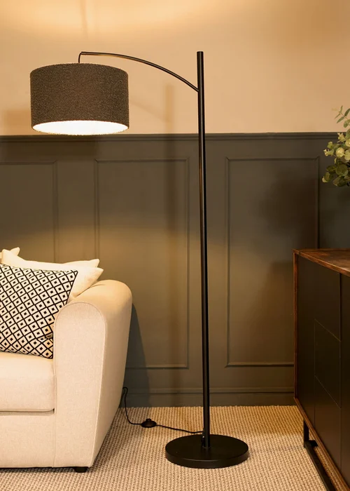 ValueLights Preto Black Metal Floor Lamp Charcoal Boucle Shade (157cm x 33cm) - One Size Image 3
