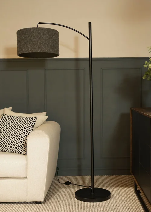 ValueLights Preto Black Metal Floor Lamp Charcoal Boucle Shade (157cm x 33cm) - One Size Image 1