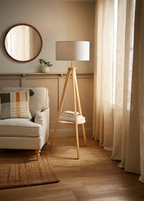 ValueLights Morrigan Light Wood Tripod Floor Lamp Grey Shade (147cm x 45cm) - One Size Image 1