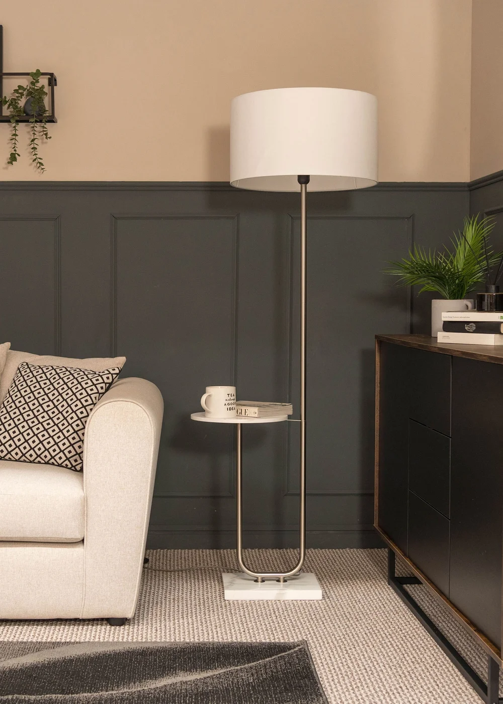 ValueLights Tavel Brushed Silver Floor Lamp White Shade (132.5cm x 30cm x 37cm) - One Size Image 1