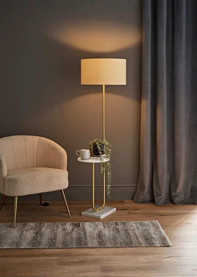 ValueLights Tavel Brushed Gold Floor Lamp Cream Shade (132.5cm x 14cm x 35cm)