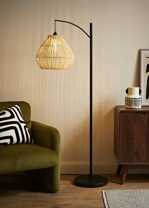 ValueLights Preto Black Metal Floor Lamp Rattan Teardrop Shade (157cm x 33cm) - One Size Image 1