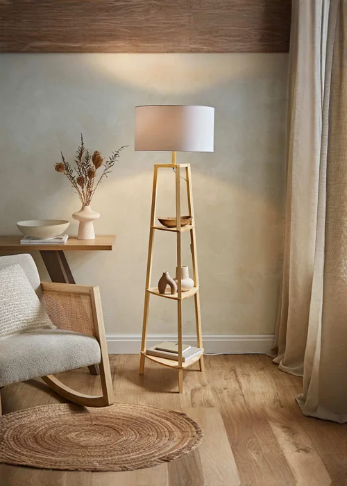 ValueLights Hiru Natural Wood 3 Tier Shelf Floor Lamp (25cm x 47cm x 47.5cm) - One Size Image 1
