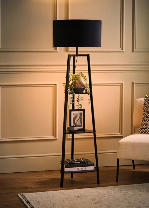 ValueLights Hiru Matte Black 3 Tier Shelf Floor Lamp Black Shade (138cm x 47.5cm x 47.5cm) - One Size Image 1