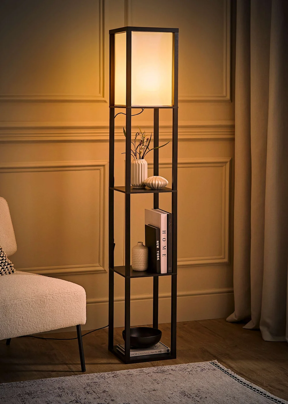 ValueLights Struttura Black Wooden Shelves Floor Lamp (159cm x 26cm x 26cm) - One Size Image 2