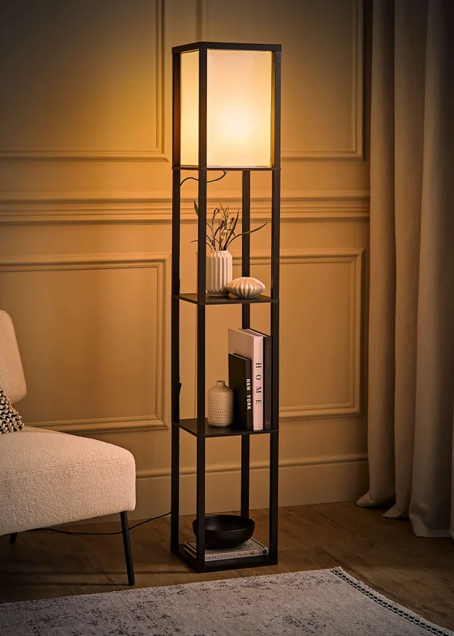 ValueLights Struttura Black Wooden Shelves Floor Lamp (159cm x 26cm x 26cm)