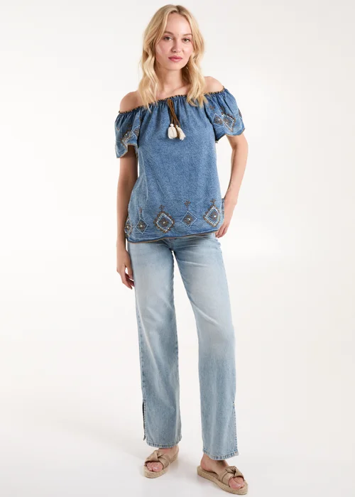 Blue Vanilla Blue Denim Embroidered Bardot Top - S Image 4