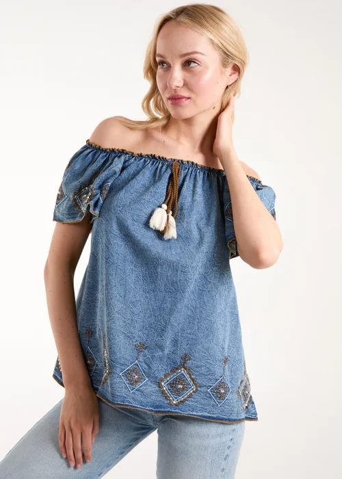 Blue Vanilla Blue Denim Embroidered Bardot Top - S Image 1