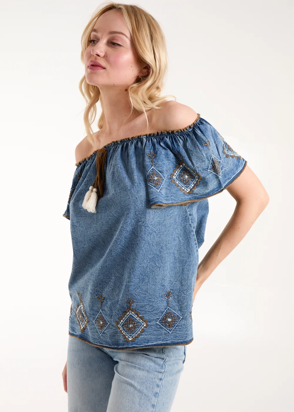 Blue Vanilla Blue Denim Embroidered Bardot Top - S Image 3