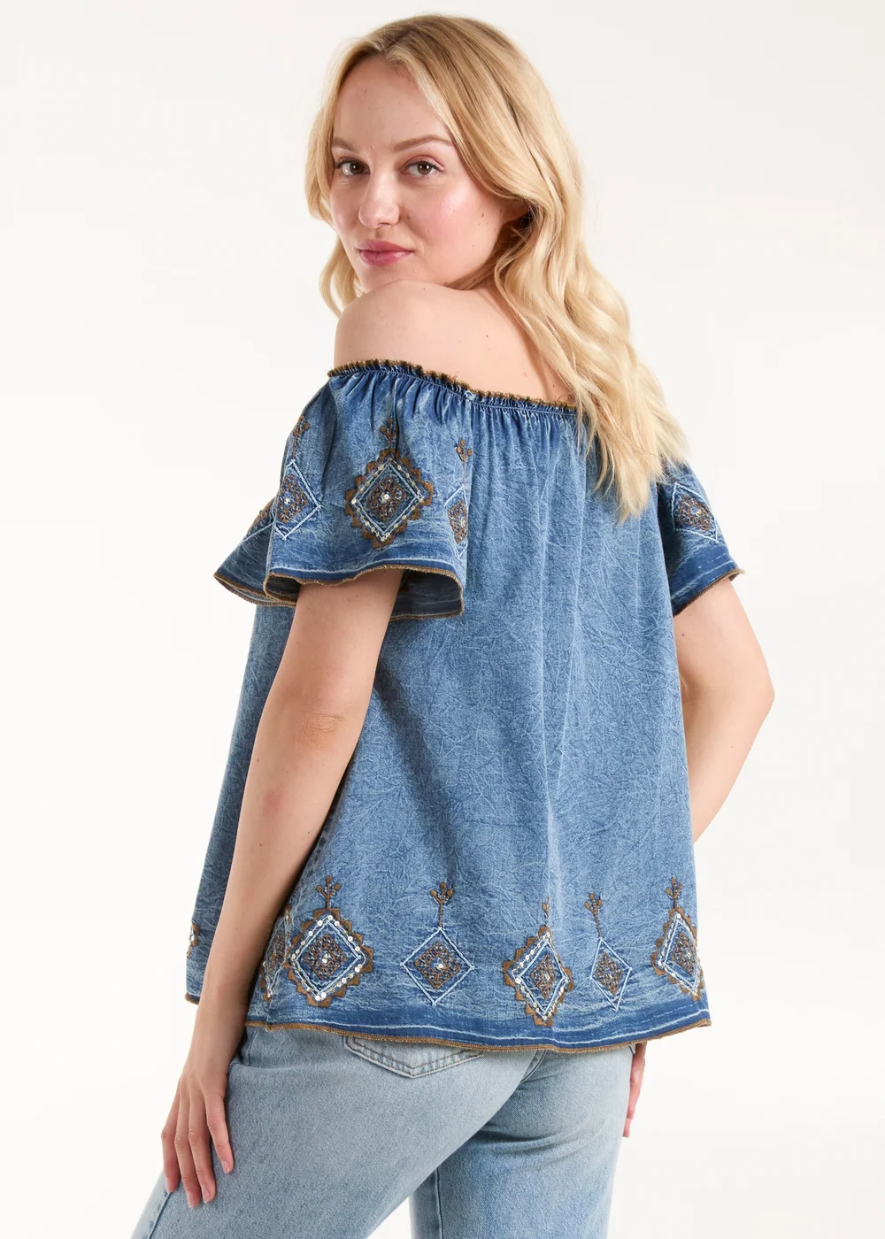 Blue Vanilla Blue Denim Embroidered Bardot Top - S Image 2