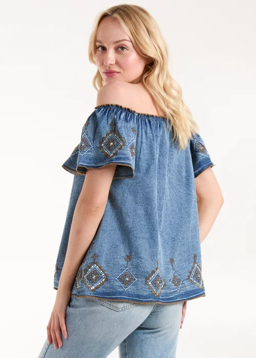 Blue Vanilla Blue Denim Embroidered Bardot Top - S Image 2