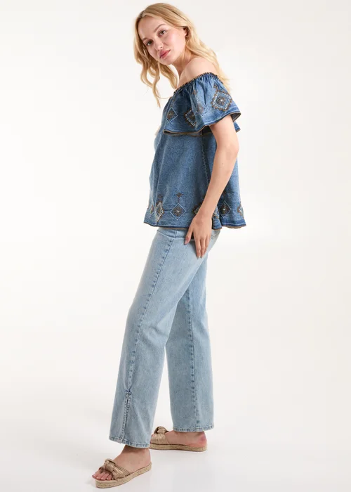 Blue Vanilla Blue Denim Embroidered Bardot Top - S Image 5