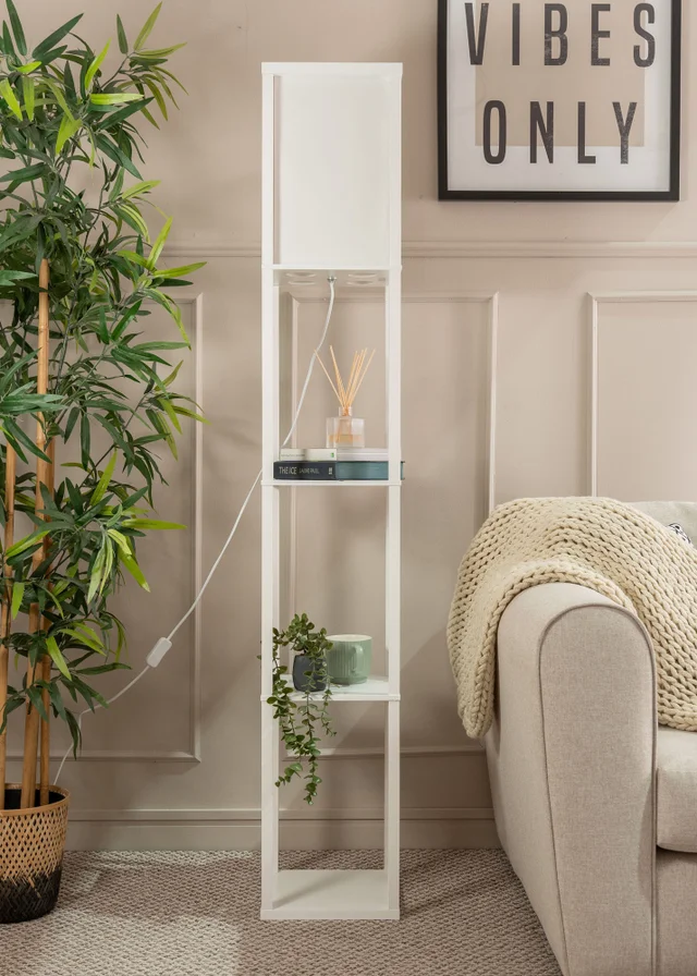 ValueLights Struttura White Wooden Shelves Floor Lamp (159cm x 26cm x 26cm)