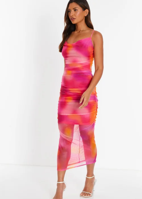 Quiz Fuschia Print Mesh Cowl Neck Midaxi Dress - 6 Image 3