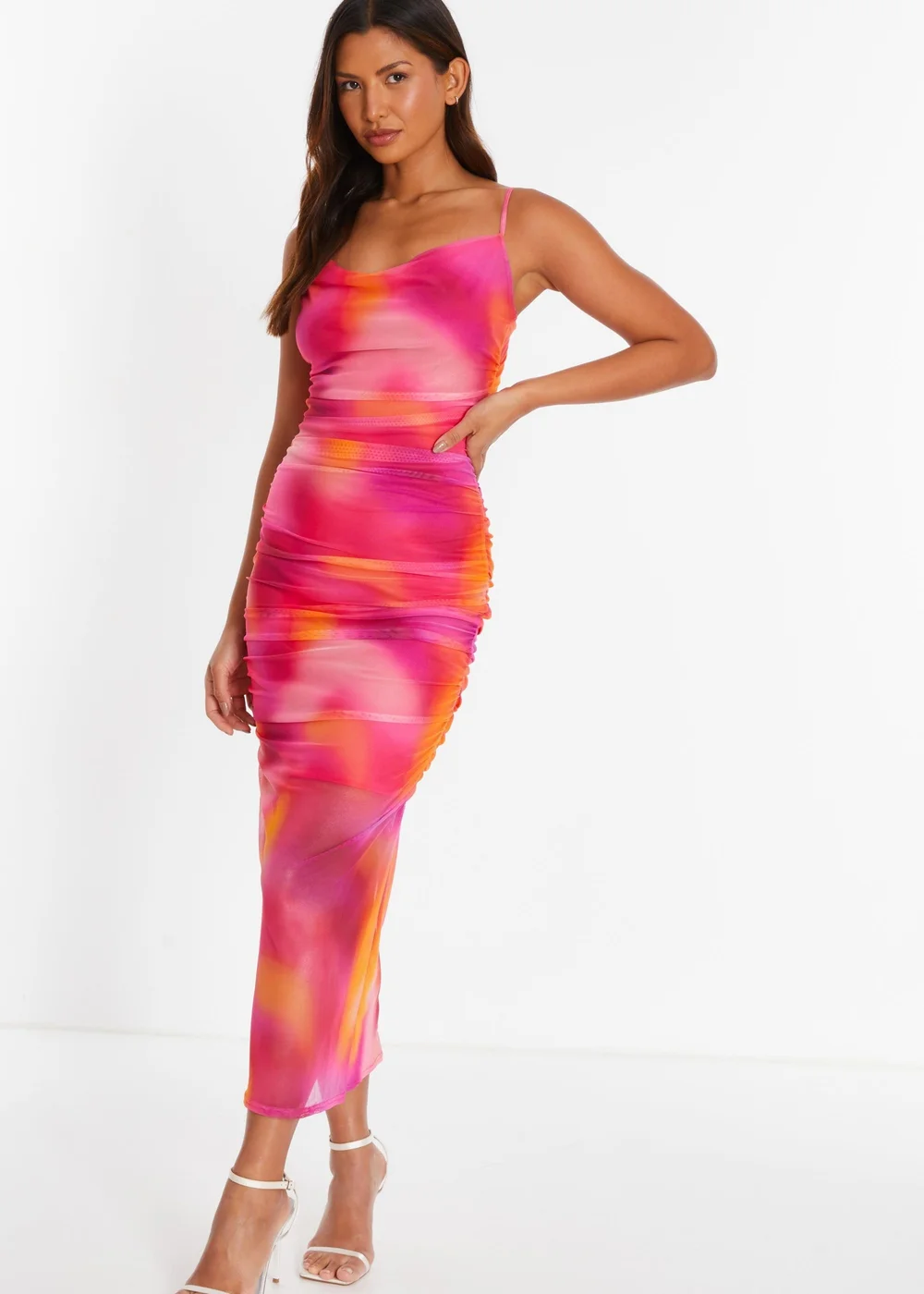 Quiz Fuschia Print Mesh Cowl Neck Midaxi Dress - 6 Image 1