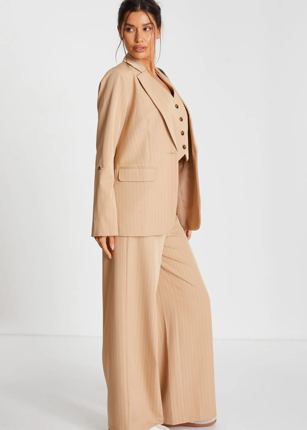 Quiz Camel Pinstripe Ruched Sleeve Blazer - 8 Image 3