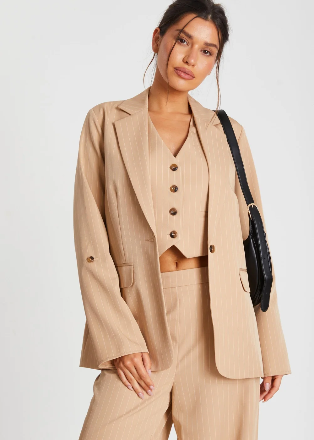 Quiz Camel Pinstripe Ruched Sleeve Blazer - 8 Image 1
