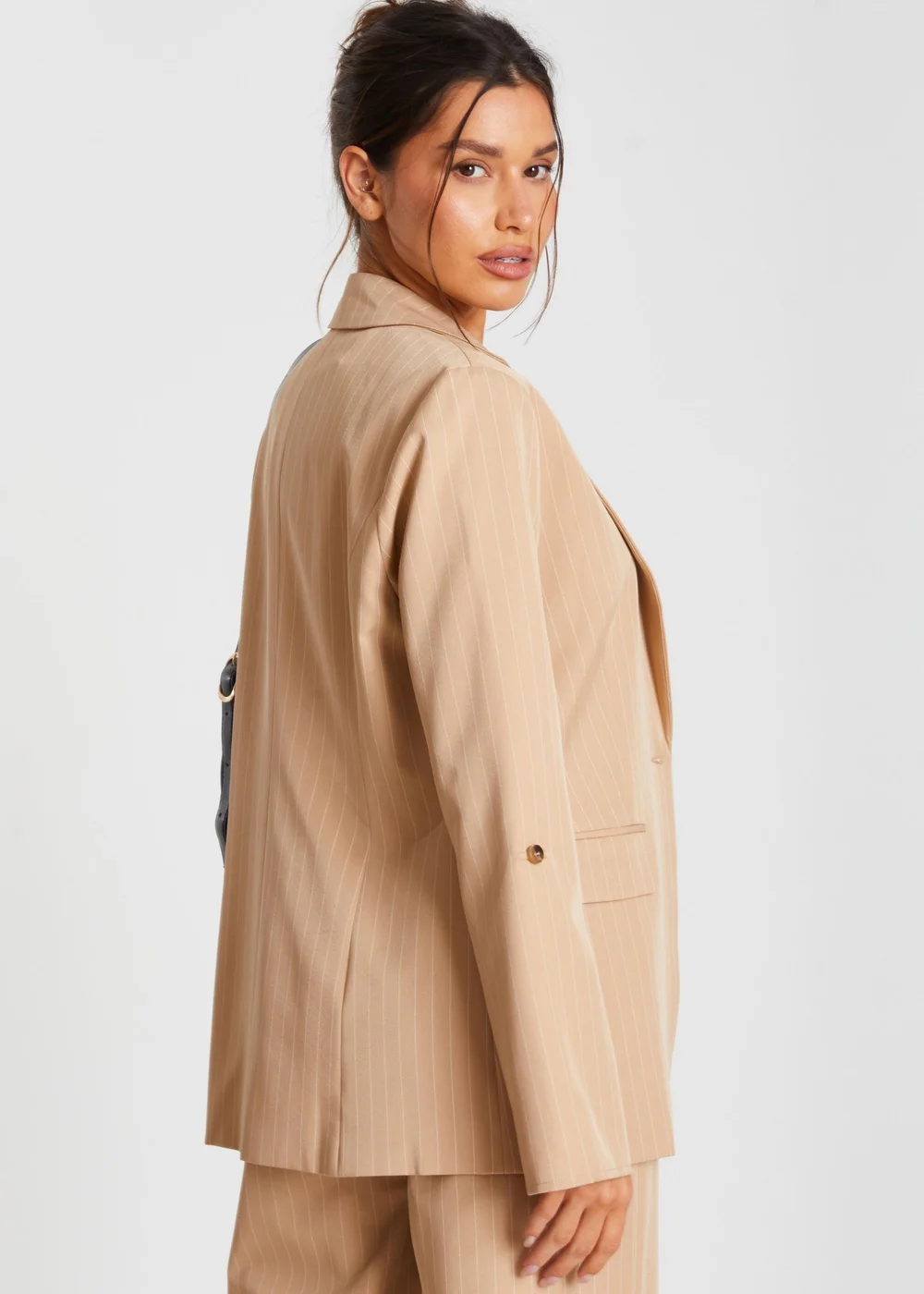 Quiz Camel Pinstripe Ruched Sleeve Blazer - 8 Image 2