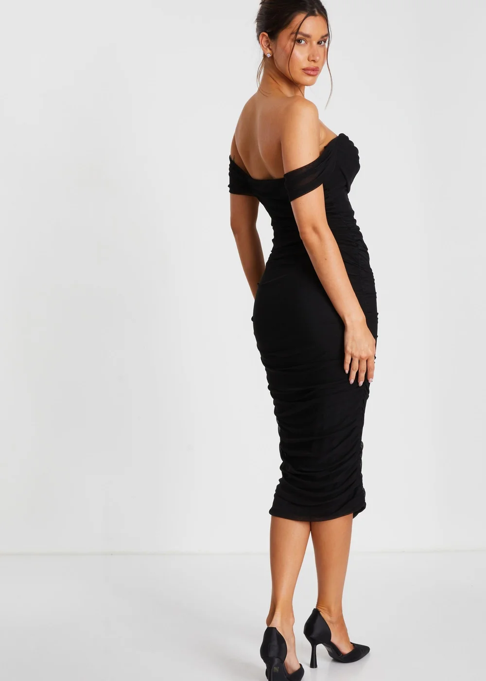 Quiz Black Mesh Bardot Ruched Midi Dress - Size 8 Image 2