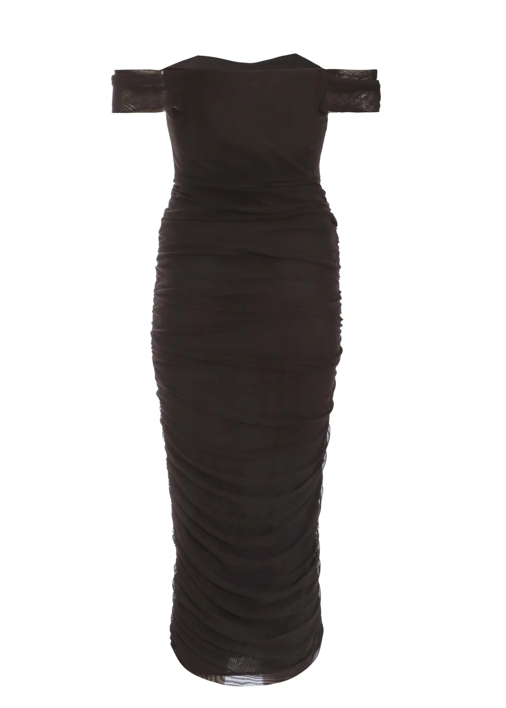 Quiz Black Mesh Bardot Ruched Midi Dress - Size 8 Image 5