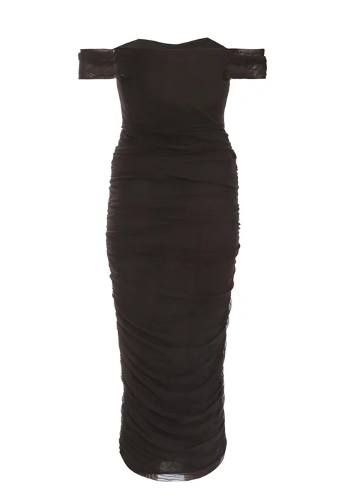 Quiz Black Mesh Bardot Ruched Midi Dress - Size 8 Image 5