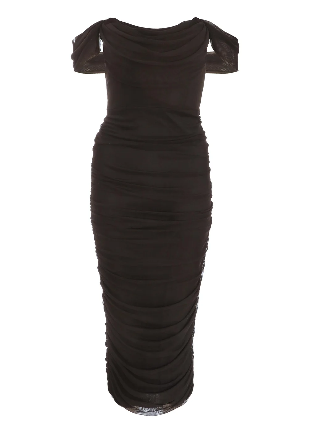 Quiz Black Mesh Bardot Ruched Midi Dress - Size 14 Quiz Black Mesh Bardot Ruched Midi Dress - Size 14