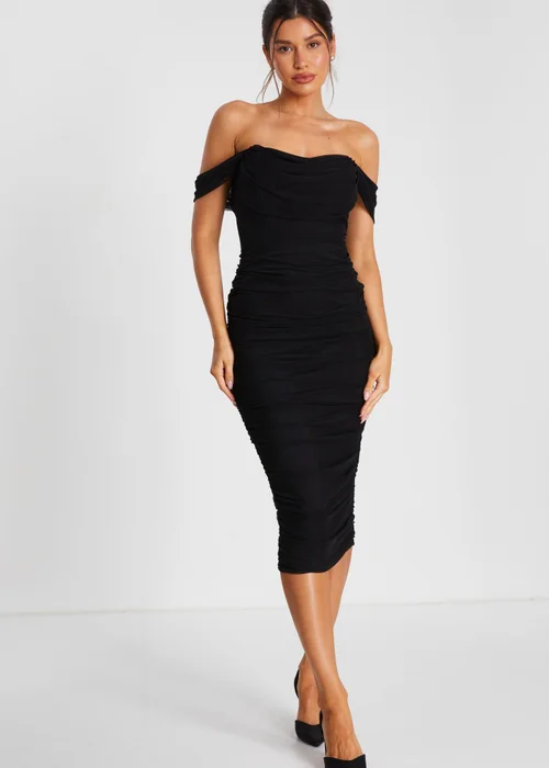 plus black mesh ruched bardot midi dress Midi Dress Bardot Dress Long Sleeve Mesh Dress Bardot Long Sleeve Midi Dress Black Long Sleeve
